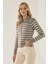 Kadın Çizgili Fermuarlı Gömlek Yaka Hırka Grey 7
