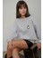 Kadın Rahat Hayvan Nakışlı Şardonlu Bisiklet Yaka Hoodie Grey 9