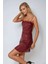 Kadın Kare Yaka Payetli Mini Bodycon Elbise Bordo Kırmızı 9