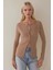Kadın Slim Fit V Yaka Uzun Kol Örme Likralı Hırka Brown 5
