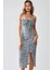 Kadın Yırtmaç Detaylı Çiçek Desenli Bodycon Midi Elbise Blue 8