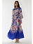 Kadın Baskılı Uzun Kol Kemerli Modest Elbise Fas Mavisi 9
