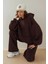 Kadın Oversize Bisiklet Yaka Kapüşonlu Sweatshirt Kahverengi 9