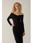 Kadın Drapeli Off Shoulder Bodycon Maxi Elbise Black 6