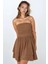 Kadın Straplez Fırfırlı Arkası Gipeli Mini Elbise Brown 14