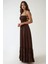 Kadın Kare Yaka Dokulu Maxi Elbise Brown 9