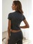 Kadın Slim Fit Triko Crop Bluz Grey 8