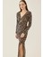 Kadın Leopar Desenli Bodycon Uzun Elbise, Yırtmaçlı Brown 8