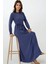Kadın Dokulu Bisiklet Yaka Kuşaklı Modest Elbise Blue 7