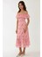 Kadın Omzu Açık Çiçek Desenli Bodycon Midi Elbise Pink 7