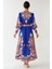 Kadın Baskılı Uzun Kol Kemerli Modest Elbise Blue 10