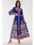 Kadın Baskılı Uzun Kol Kemerli Modest Elbise Blue 12