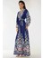Kadın Baskılı Uzun Kol Kuşaklı Modest Elbise Blue 12