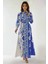 Kadın Baskılı Uzun Kol Kemerli Modest Elbise Blue 12