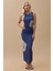 Kadın Çiçek Desenli Bisiklet Yaka Bodycon Uzun Elbise Blue 8
