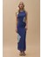 Kadın Çiçek Desenli Bisiklet Yaka Bodycon Uzun Elbise Blue 12