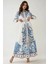 Kadın Baskılı Uzun Kol Kemerli Modest Elbise Blue 6