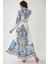 Kadın Baskılı Uzun Kol Kemerli Modest Elbise Blue 10