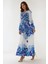 Kadın V Yaka Desenli Modest Elbise Mavi 9