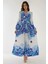 Kadın V Yaka Desenli Modest Elbise Mavi 13