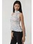 Kadın Asimetrik Yaka Saten Baskılı Puantiyeli Bluz White 12