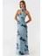 Kadın Straplez Desenli Bodycon Maxi Tül Elbise Blue 9