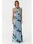 Kadın Straplez Desenli Bodycon Maxi Tül Elbise Blue 10