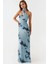 Kadın Straplez Desenli Bodycon Maxi Tül Elbise Blue 11