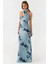 Kadın Straplez Desenli Bodycon Maxi Tül Elbise Blue 13