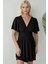 Kadın V Yaka Kısa Kol Büzgülü Mini Elbise Black 6