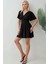Kadın V Yaka Kısa Kol Büzgülü Mini Elbise Black 8