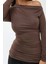 Kadın Asimetrik Yaka Uzun Kollu Drape Detaylı Slim Fit Üst Brown 9
