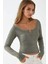 Kadın Dantel Şerit Detaylı Uzun Kollu Slim Fit Üst Green 8