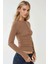 Kadın Düğmeli Uzun Kol Slim Fit Dokulu Örme Bluz Brown 9