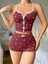 Pamuklu Kahverengi Üstüne Beyaz Kalp Desen Fitilli Askılı Şortlu Pijama Takımı 2