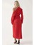Kadın Asimetrik Yaka Yırtmaçlı Bodycon Midi Elbise Red 7