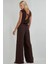 Kadın Yuvarlak Yakalı Dokulu Geniş Paça Tulum Brown 8