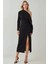 Kadın Asimetrik Yaka Yırtmaçlı Bodycon Midi Elbise Black 6