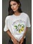 Kadın Kadın %100 Pamuk Bisiklet Yaka Oversize Beyaz Baskılı T-Shirt Yellow 8