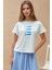 Kadın Baskı Detaylı Regular Fit Bisiklet Yakalı %100 Pamuklu T-shirt Blue 6