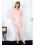 Kadın Penye Uzun Kol Önden Düğmeli Pijama Takım Pembe 1