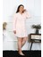 Kadın Büyük Beden Pamuk Dokuma Düğmeli Uzun Kol Pembe Tunik Gecelik 2
