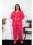 Kadın Büyük Beden Pamuklu Cepli Düğmeli Fuşya Pijama Takım 2