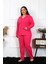 Kadın Büyük Beden Pamuklu Cepli Düğmeli Fuşya Pijama Takım 3