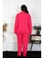 Kadın Büyük Beden Pamuklu Cepli Düğmeli Fuşya Pijama Takım 4