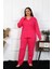 Kadın Büyük Beden Pamuklu Cepli Düğmeli Fuşya Pijama Takım 5