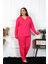 Kadın Büyük Beden Pamuklu Cepli Düğmeli Fuşya Pijama Takım 6