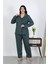Kadın Büyük Beden Pamuklu Cepli Düğmeli Petrol Pijama Takım 6