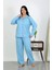 Kadın Büyük Beden Pamuklu Cepli Düğmeli Mavi Pijama Takım 3