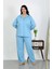 Kadın Büyük Beden Pamuklu Cepli Düğmeli Mavi Pijama Takım 5